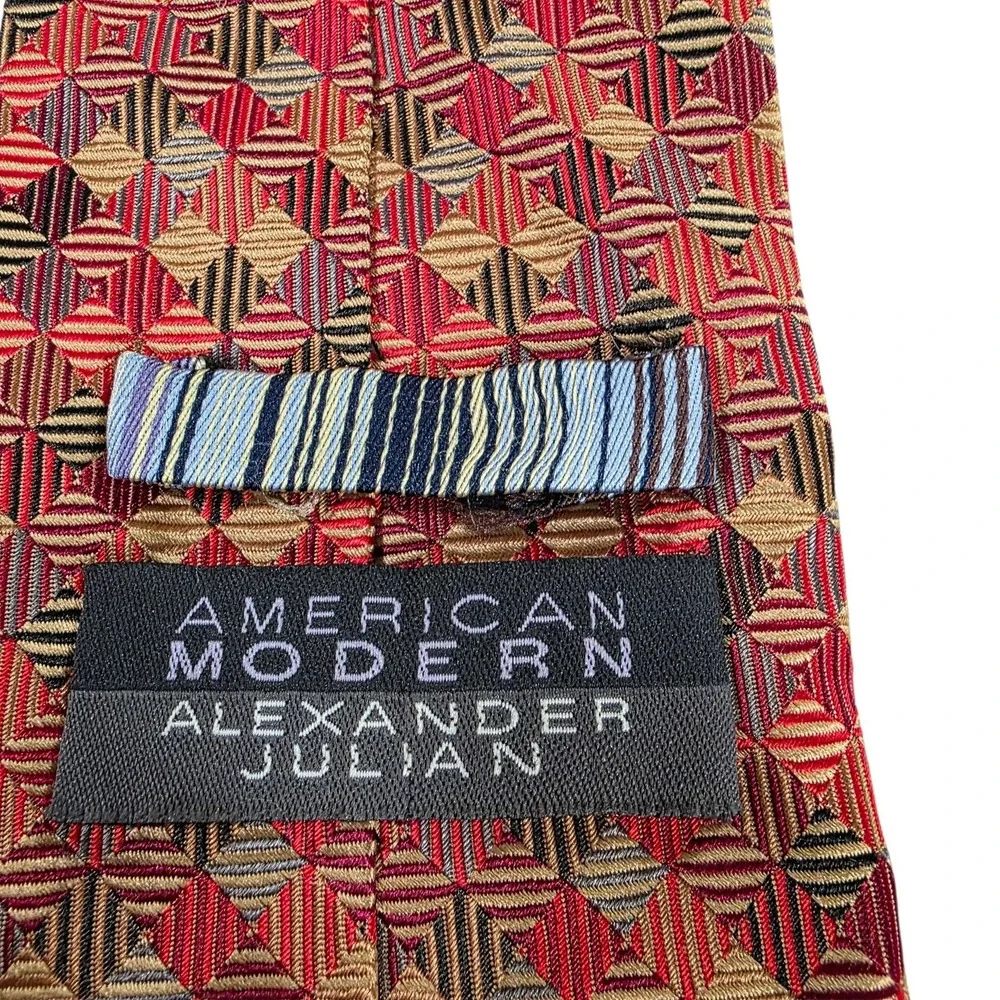 Alexander Julian American‎ Modern Geometric Silk Tie Red Gold Tan Burgundy Woven